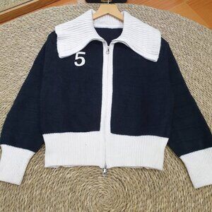 Navy White Number 5 Zip-Up Varsity Knit Jacket